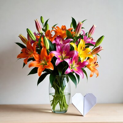Colorful Lilies Bouquet with Paper Heart