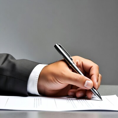 Man's hand signing contract with pen