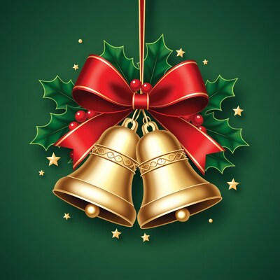 Golden Christmas Bells with Holly and Bow
