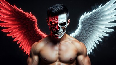 Muscular man with red demon skull mask and wings