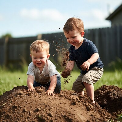 Two boys playing in dirt pile