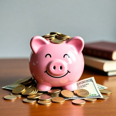 Pink piggy bank with coins and dollars