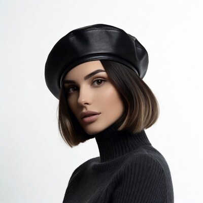 Woman in black leather beret