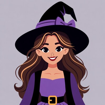 Smiling Witch Woman in Purple Dress