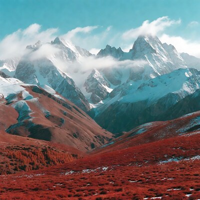 Snowy Mountains Over Red Grass Valley
