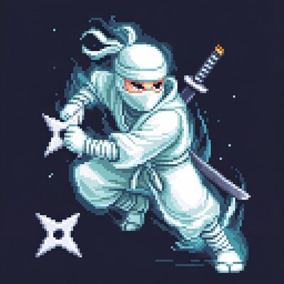 White ninja wielding katana and shurikens