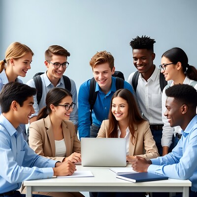 Diverse students gathered around laptop