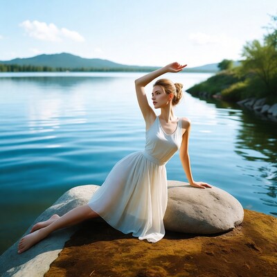 Woman in white dress on lakeside rock