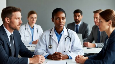 African-American female doctor in diverse meeting