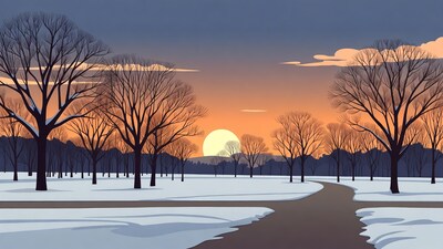 Winter Sunset Over Snowy Tree Path