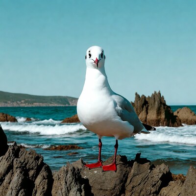 White seagull on rocky ocean shore