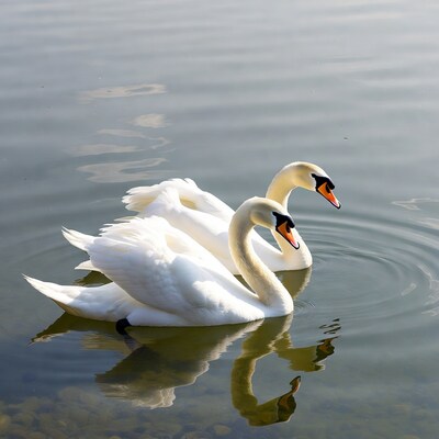 Two white swans swimming together