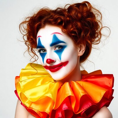Woman in red hair clown makeup