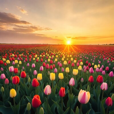 Colorful Tulip Field at Sunset