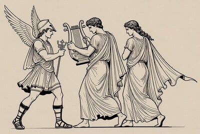 Winged messenger presenting lyre to Apollo and Muses