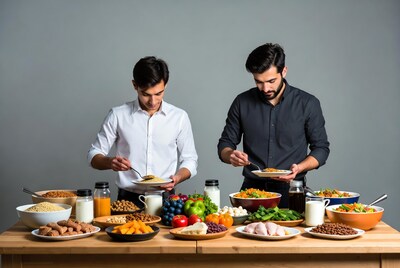 Two men serving buffet food