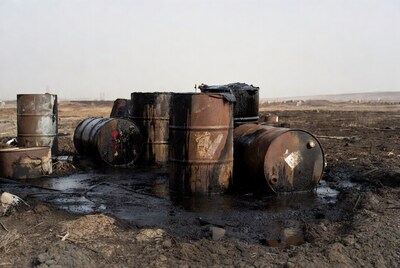 Rusty oil drums in muddy wasteland