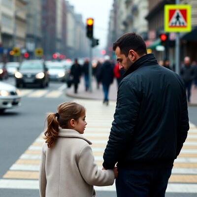 Father holding daughter's hand at crosswalk