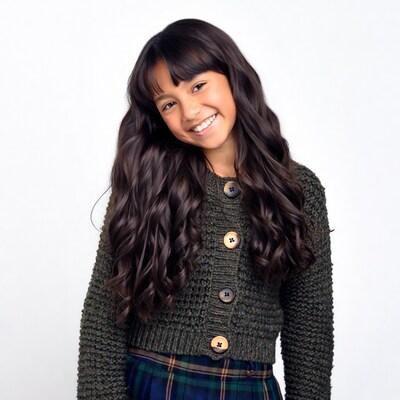 Smiling Asian girl in green cardigan skirt