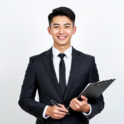 Asian man in suit holding clipboard