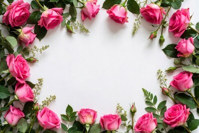 Pink Roses Border on White Background