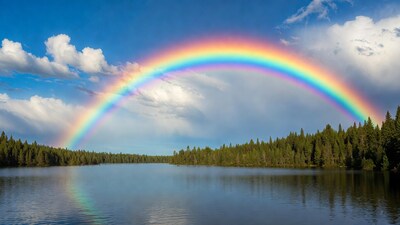 Rainbow over lake and pine forest