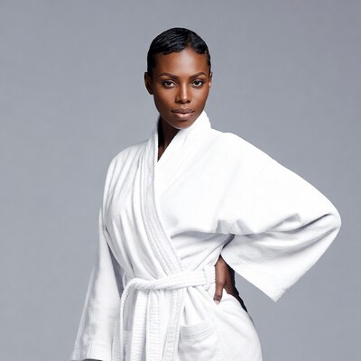 African-American woman in white bathrobe