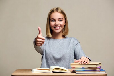 Blonde woman giving thumbs up with books