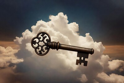 Bronze key floating in clouds