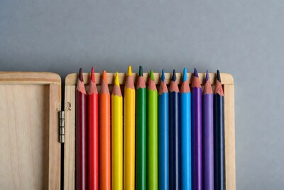 Colorful Crayons in Wooden Box