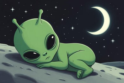 Cute baby alien sleeping on moon