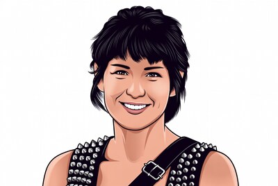 Smiling Asian woman in spiked leather top