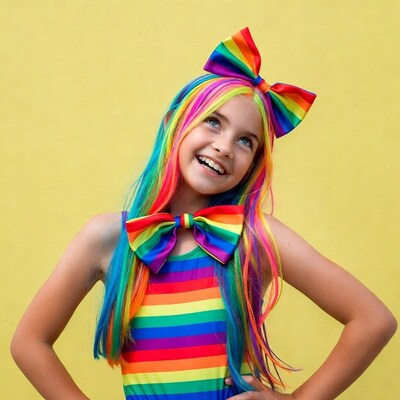 Girl in rainbow wig and swimsuit