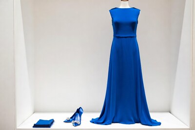 Blue evening gown on mannequin with heels