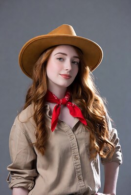 Redhead woman in cowboy hat and bandana