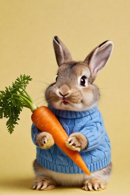 Bunny holding carrot in blue sweater