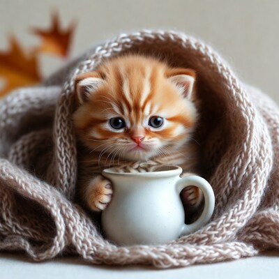 Kitten holding mug in blanket
