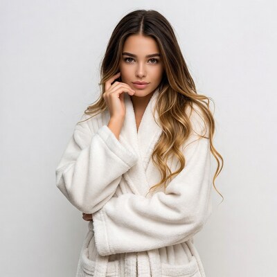 Woman in white bathrobe touching face