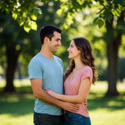 Young couple hugging in park
