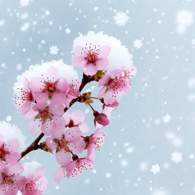 Pink cherry blossoms with snow