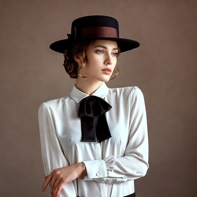 Woman in black hat and white blouse