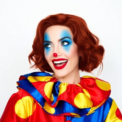 Smiling female clown with red hair