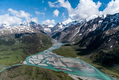 Aerial View Turquoise River Alpine Mountains