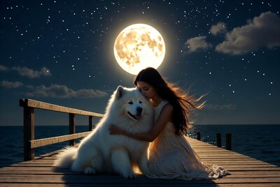 Woman hugging Samoyed dog on pier