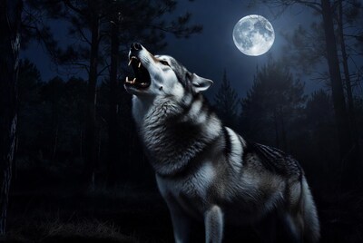 Wolf howling at moon in forest