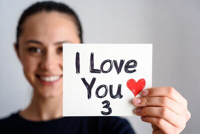 Woman holding I Love You sign
