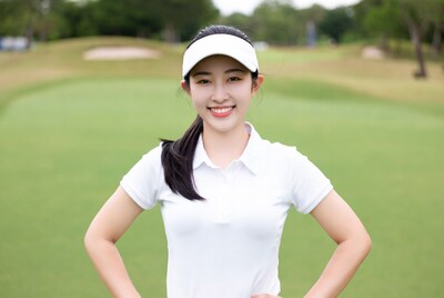 Asian woman golfer smiling on green