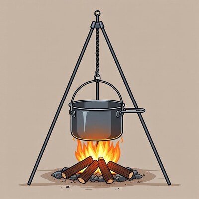 Campfire with pot on tripod
