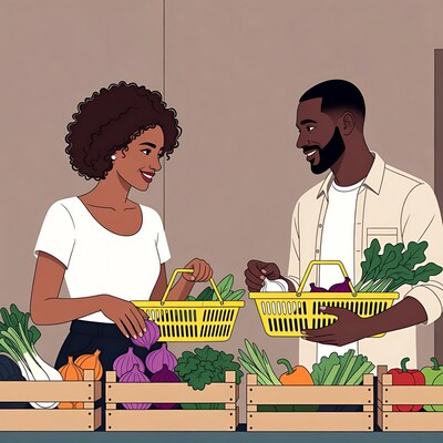 Black couple shopping vegetables at market