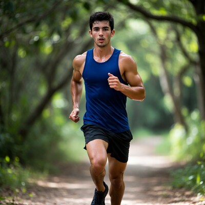 Muscular man running in forest trail